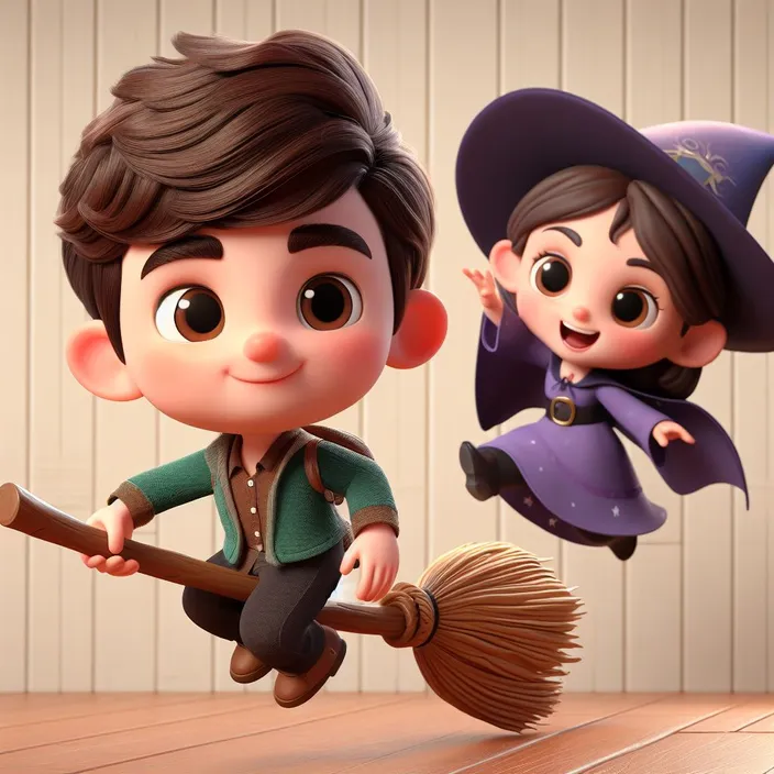 a boy and a girl dressed as witches flying on brooms