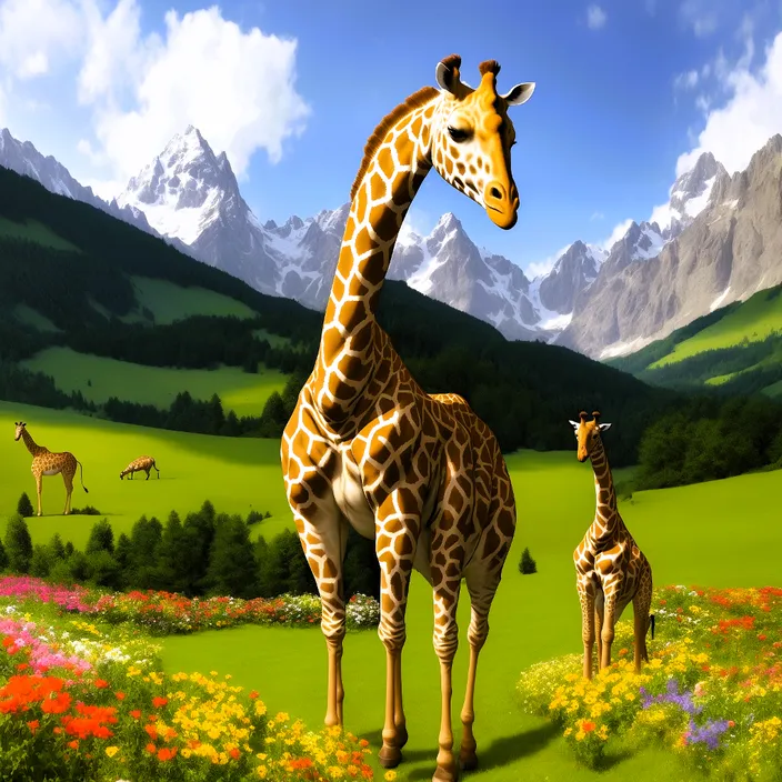 a painting of a giraffe and two baby giraffes in a