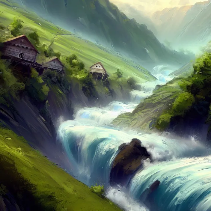 a painting of a waterfall with a house in the background