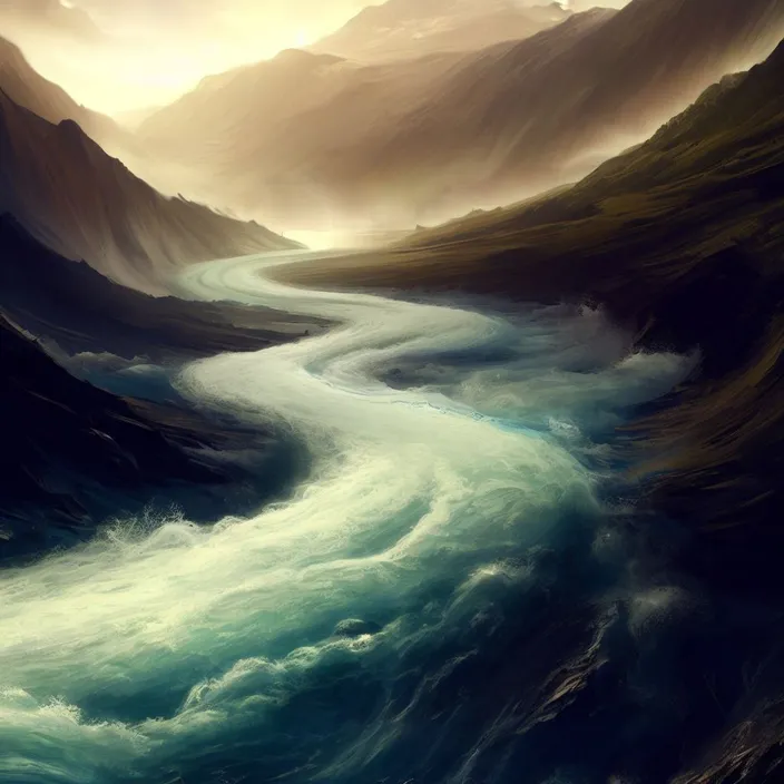 a painting of a river flowing through a valley