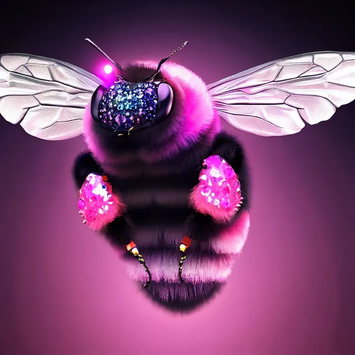 a purple and black bee flying through the air