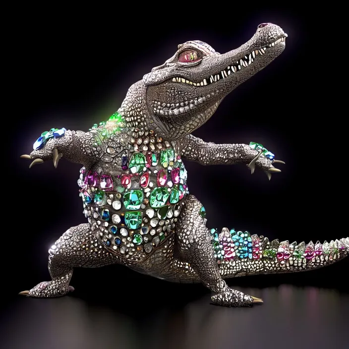 a statue of a crocodile with jewels on its back