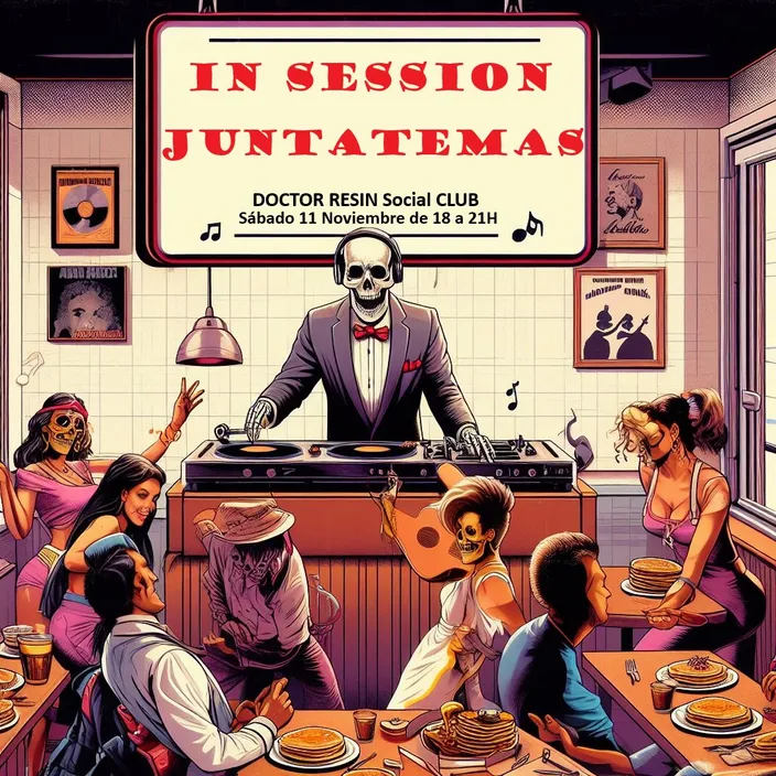 a group of people dancing funk around a turntable, poster says : DJ JUNTATEMAS