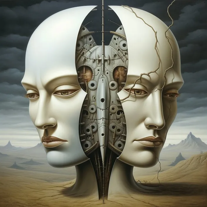 a painting of two faces, one of which has a clock face on it