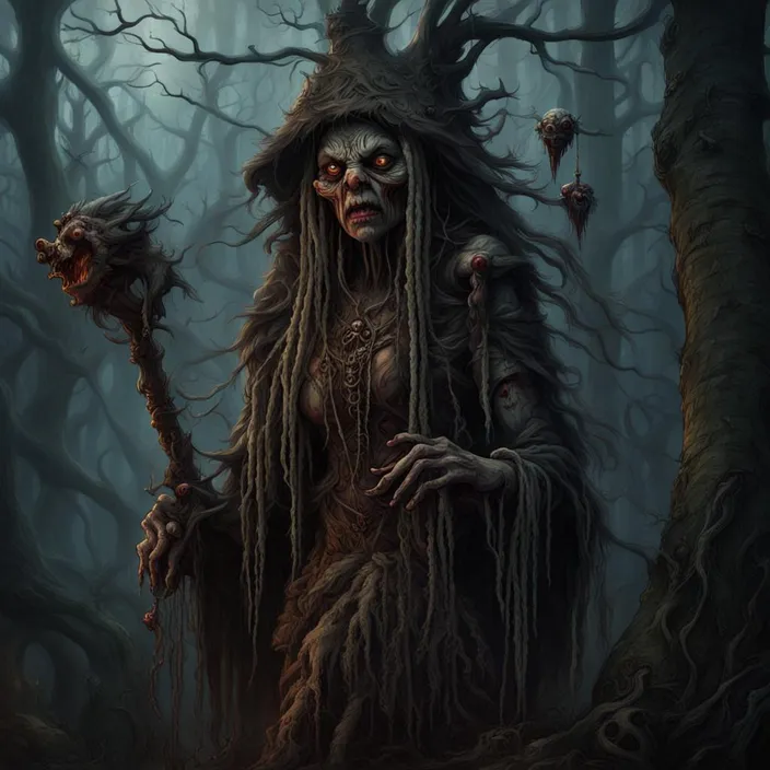 a creepy woman with dreadlocks in a dark forest