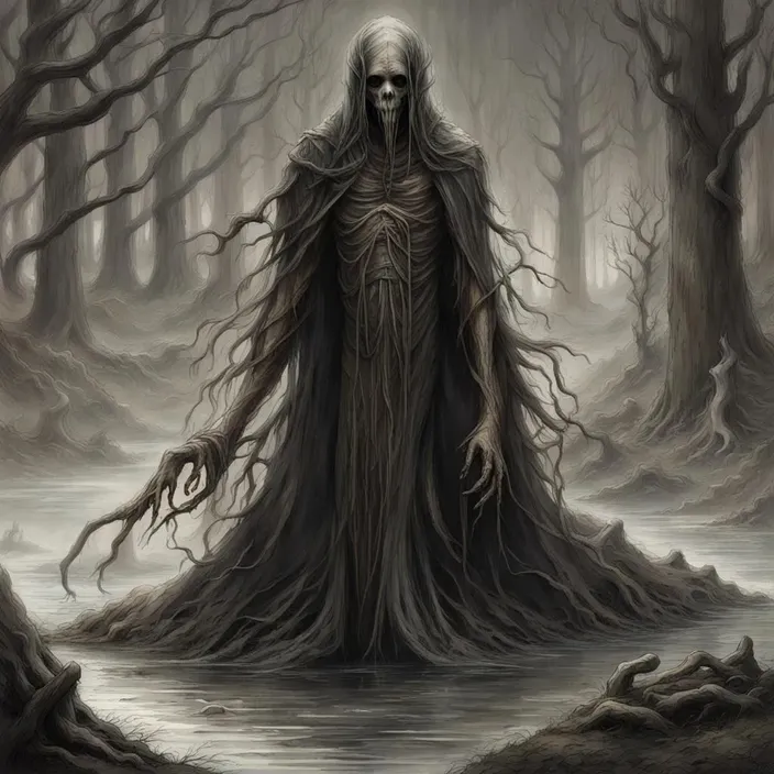 a creepy skeleton standing in the middle of a forest