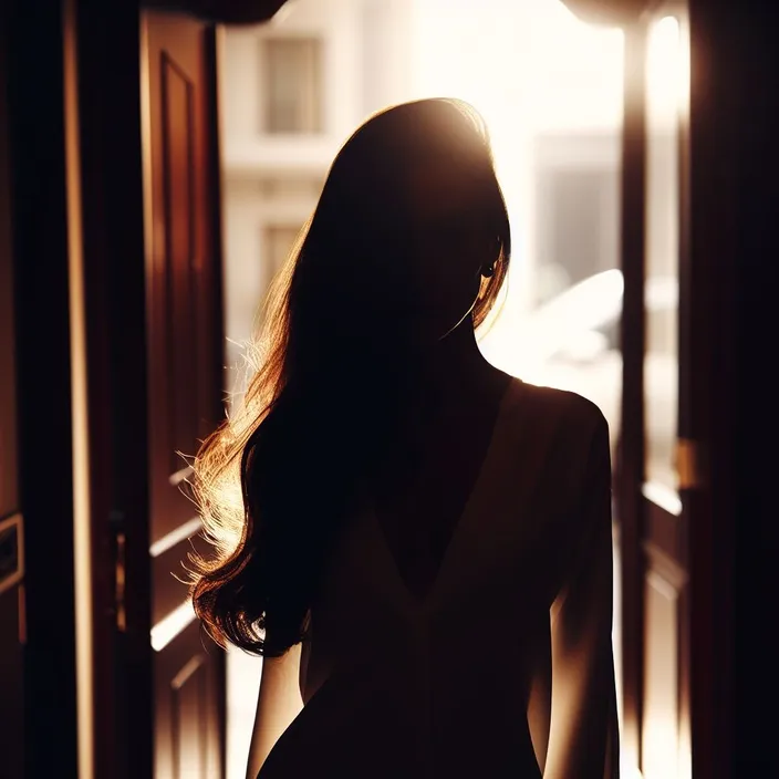 a woman standing in a doorway with her back to the camera