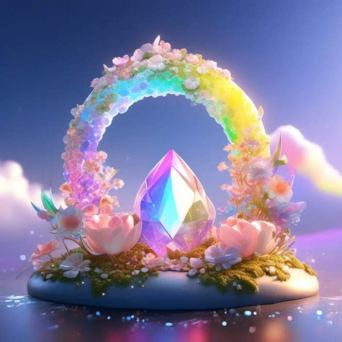 a rainbow colored diamond surrounded by flowers