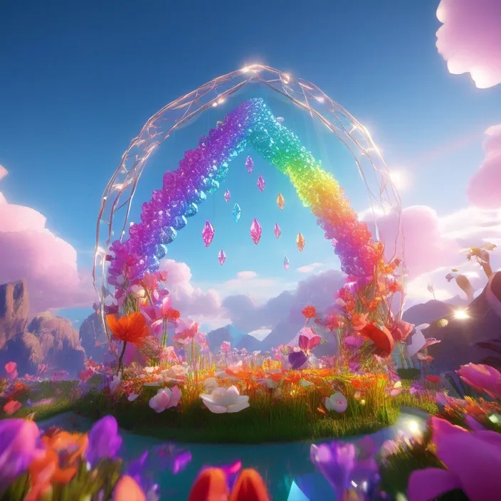 a rainbow - themed park with flowers and a rainbow - colored arch