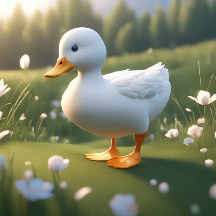 a white duck standing on top of a lush green field
