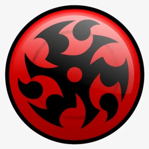 a red and black circular button with a stylized design