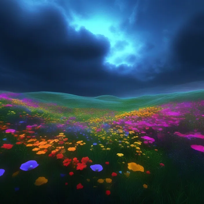 a field of flowers under a cloudy sky