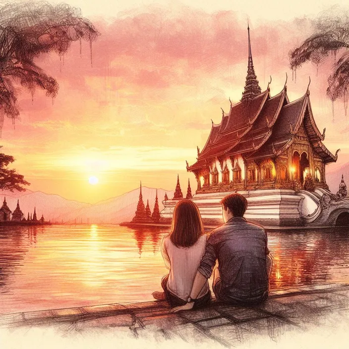 a painting of a couple sitting on a dock watching the sunset