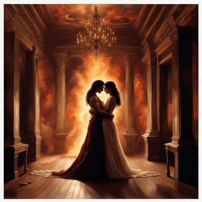 a painting of two people in a room with a chandelier