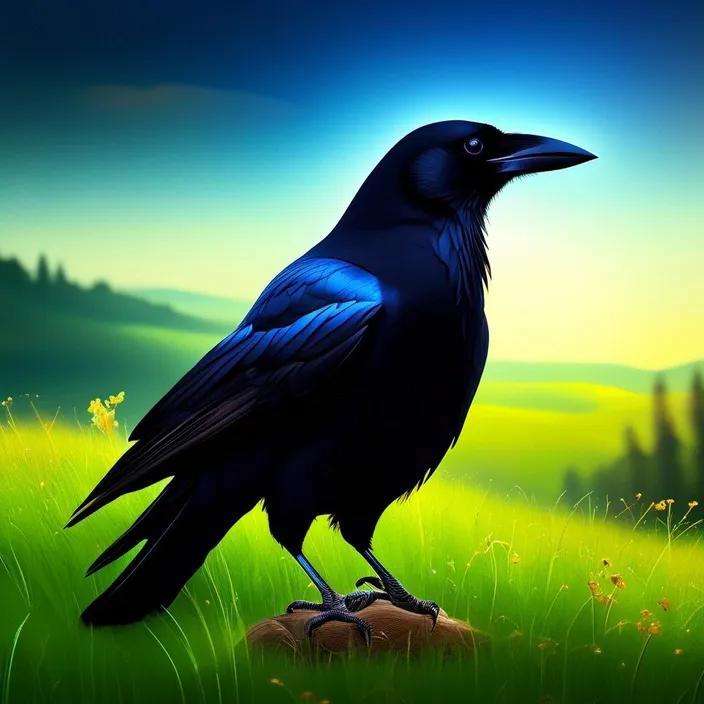 a painting of a black bird sitting on a rock