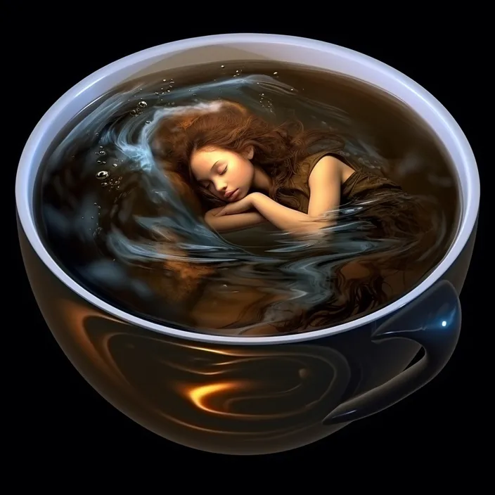 a painting of a woman floating in a cup of water