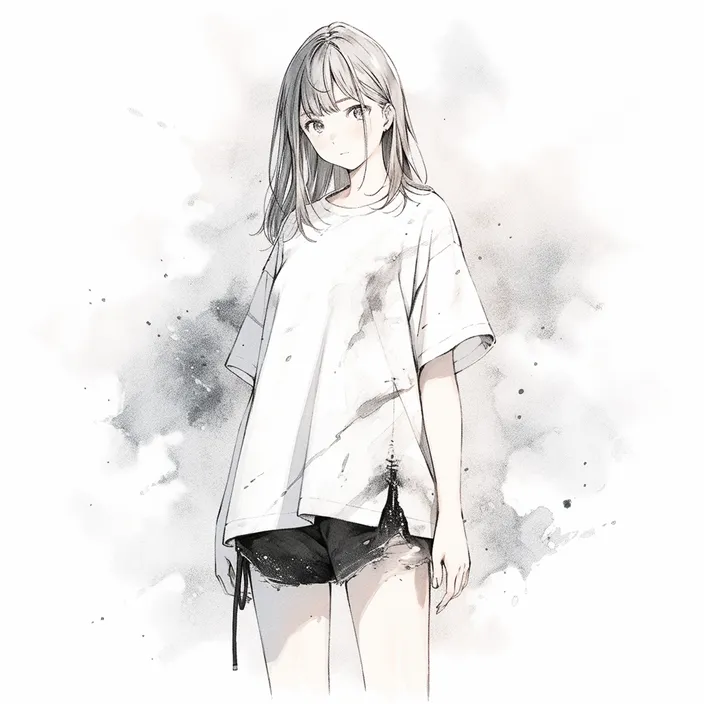 a drawing of a girl in shorts and a t - shirt