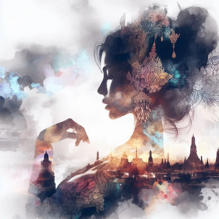 a digital painting of a woman's face with a city in the background