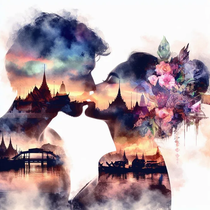 a couple kissing in front of a city skyline