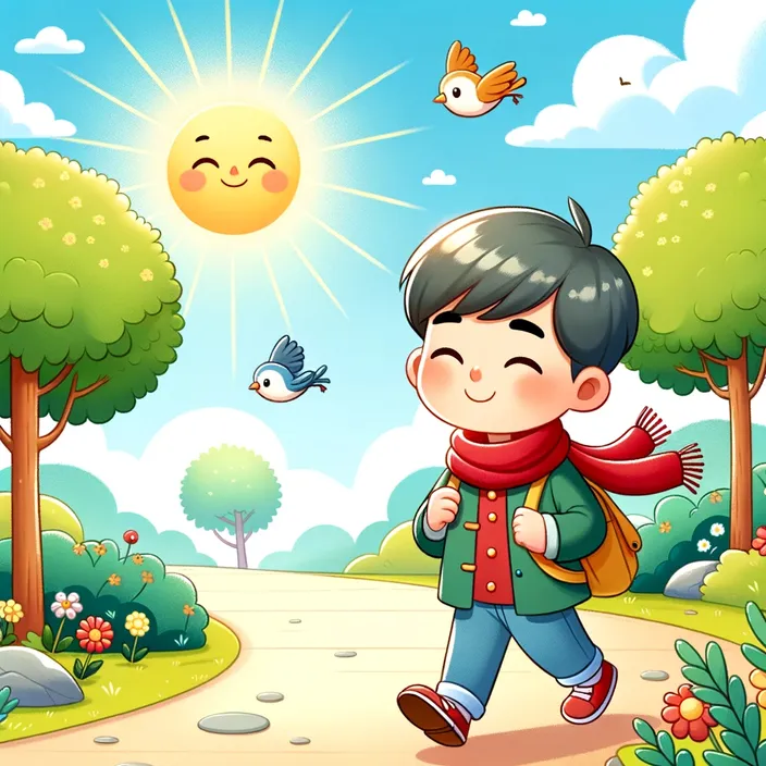 a boy walking down a path with a bird flying above him