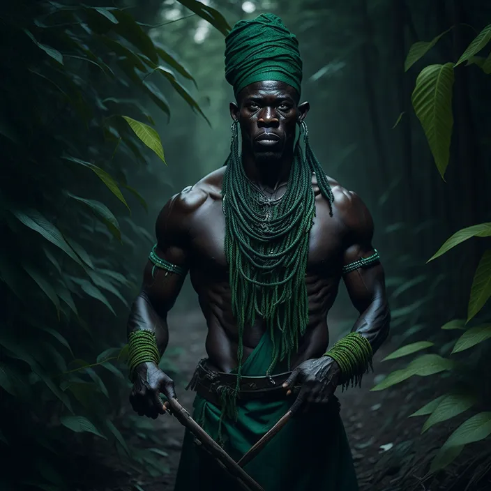 a man with a green turban holding a stick in a forest