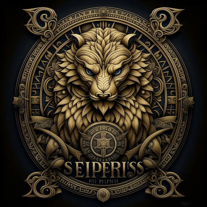 a picture of a lion with the word sepriss on it, crazy particle effects gold and black.