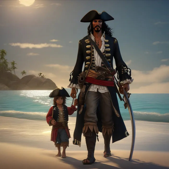 A little boy walking with his dad pirate on the beach