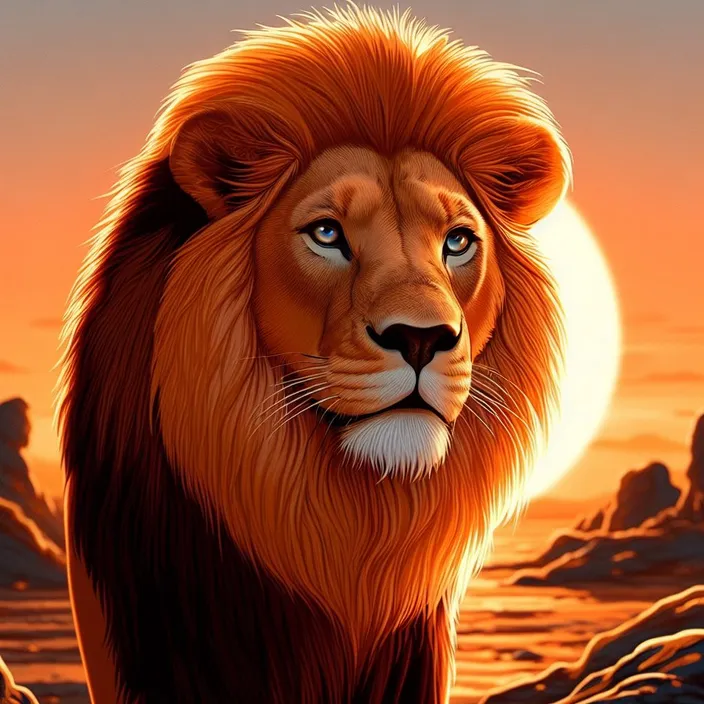 a painting of a lion standing in front of a sunset
