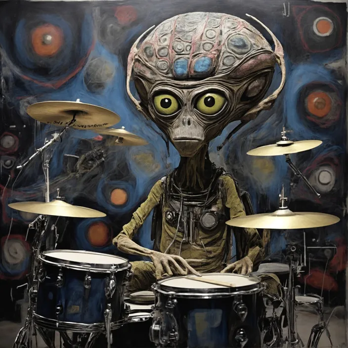 a painting of an alien playing drums