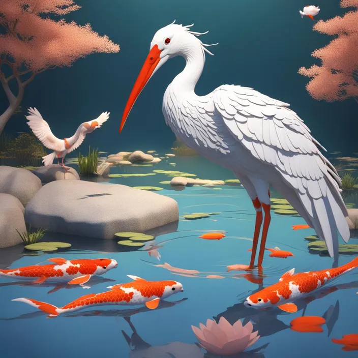 a painting of a pelican and fish in a pond
