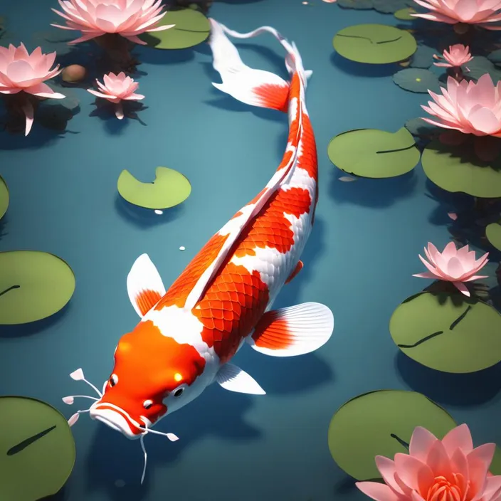 a koi fish swimming in a pond with lily pads