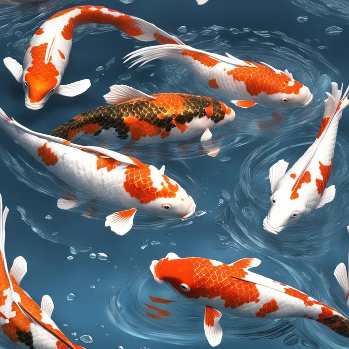 a group of orange and white koi fish swimming in a pond