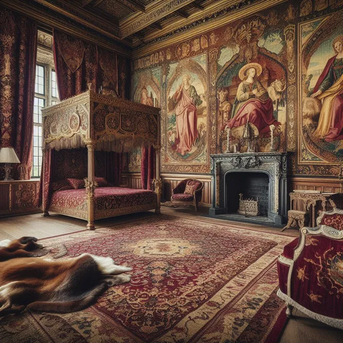 a bedroom with a bed, a fireplace and a painting on the wall