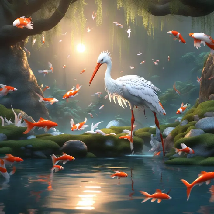 a painting of a crane and many fish in a pond