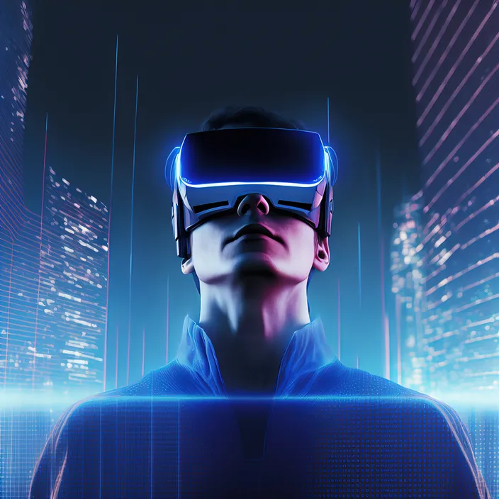 a man wearing a virtual reality headset in a futuristic city