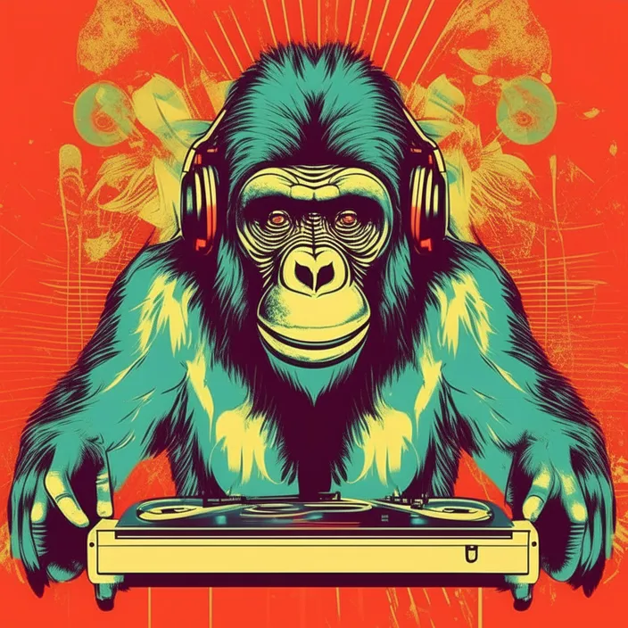 a monkey with headphones and a record player