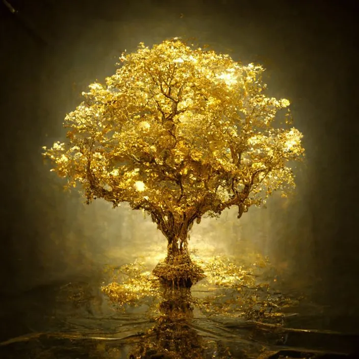 a golden tree in the middle of a body of water