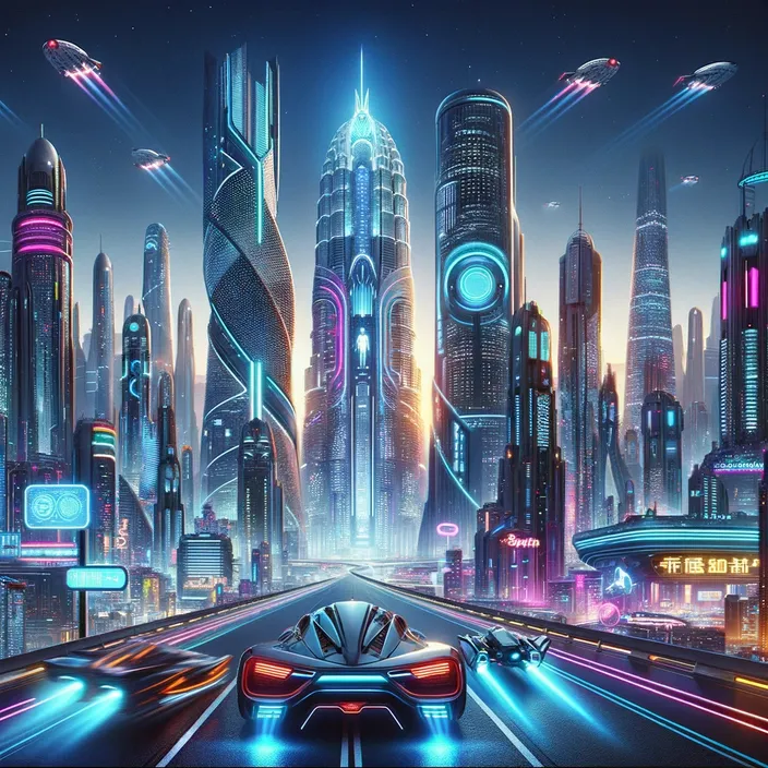 a futuristic city with a futuristic car driving through it