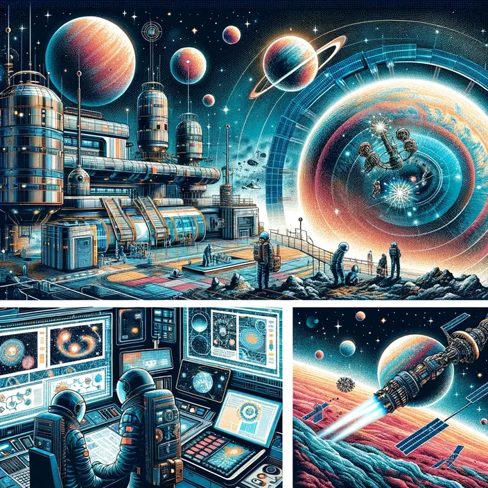 a painting of a space station with people in it