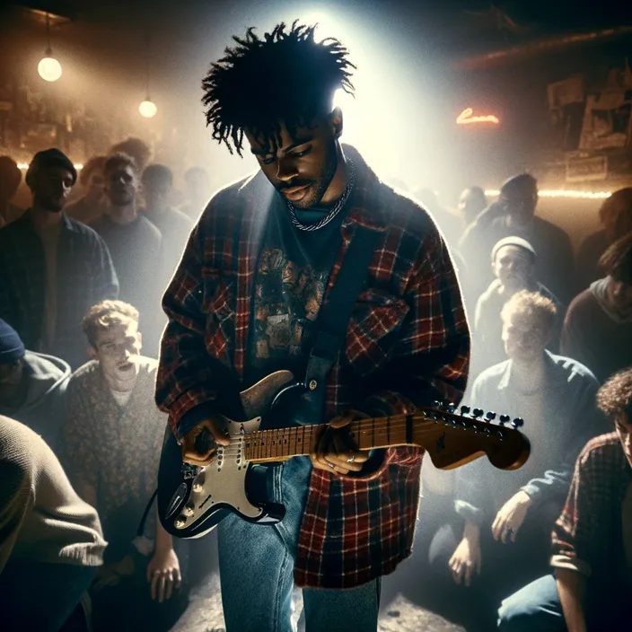 a man standing in front of a group of people with a guitar