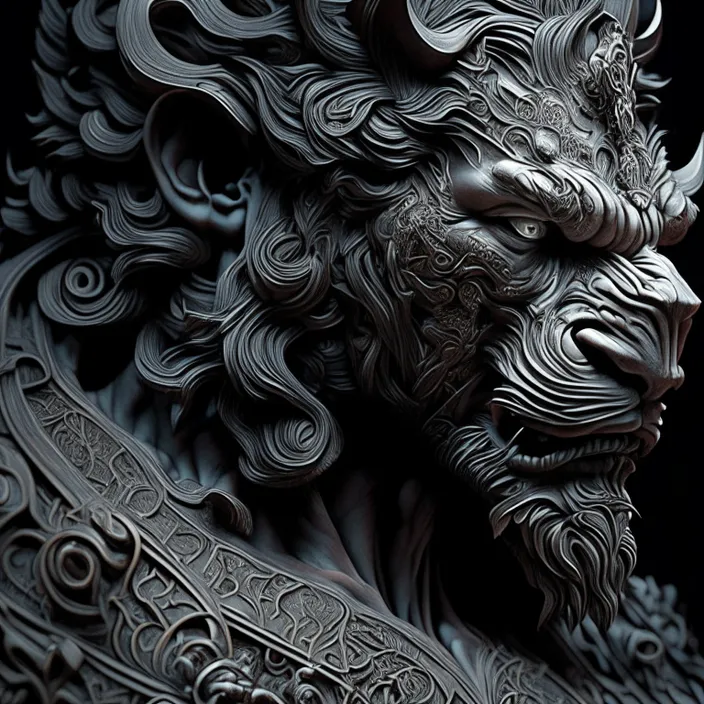 a close up of a statue of a demon