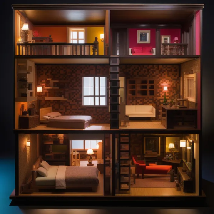 a model of a house with a bedroom and living room
