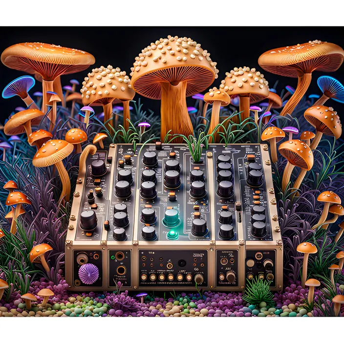 a sound board surrounded by mushrooms and plants