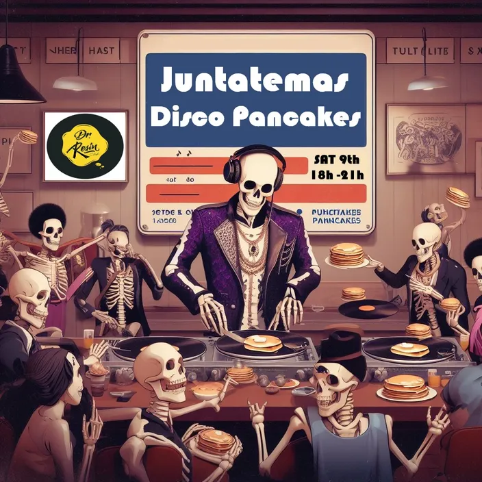 a group of skeletons dancing and having breakfast