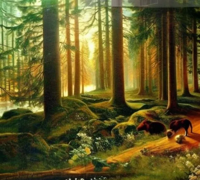 a painting of two bears in a forest