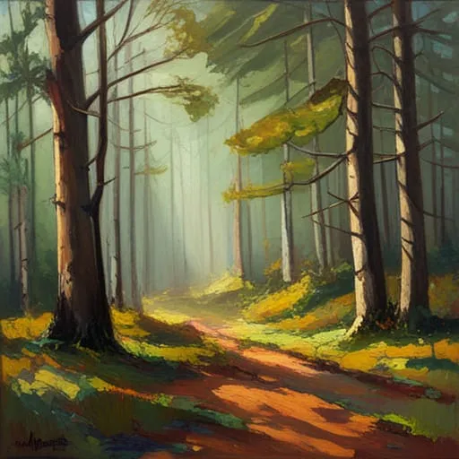 a painting of a path through a forest