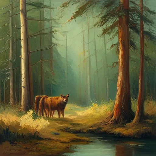 a painting of two cows in a forest