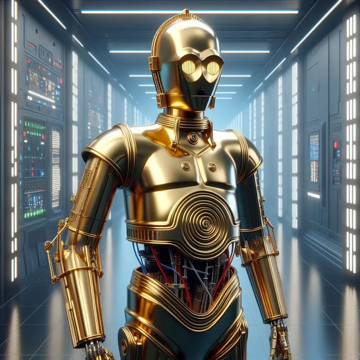 a star wars character standing in a hallway