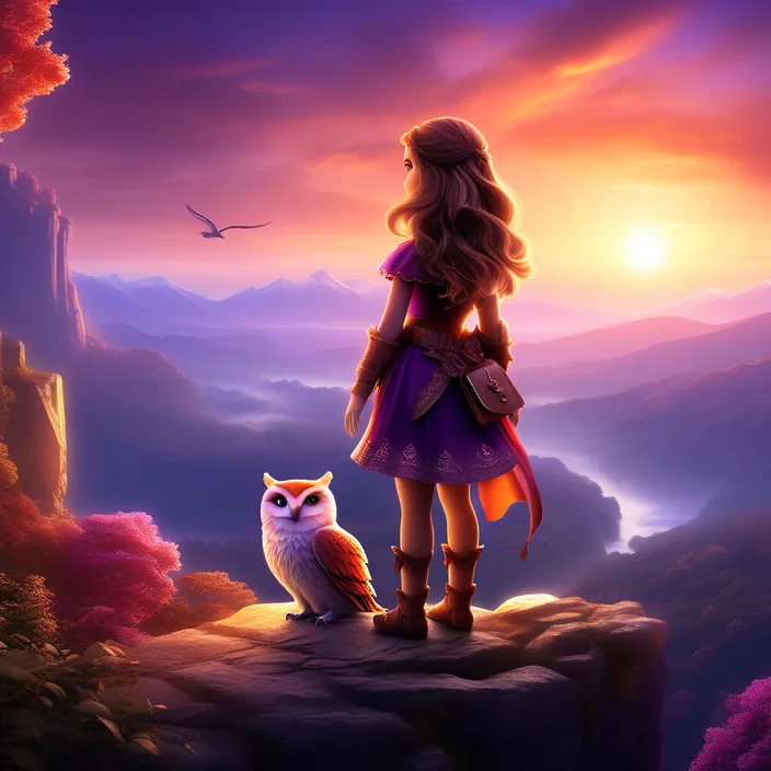 a little girl standing on top of a cliff next to an owl