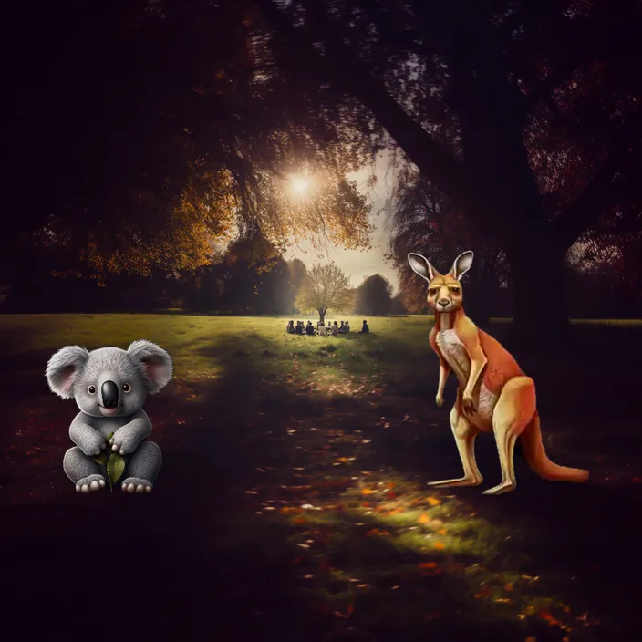 a painting of a kangaroo and a koala in a park